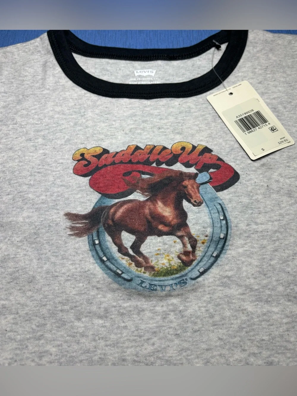 Levi's Woman’s Ringer Rickie Saddle Up Heather Gray Size Small Graphic T-Shirt
